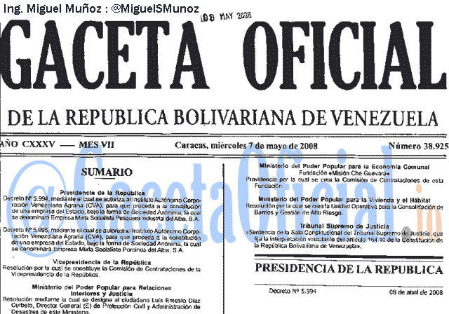 Gaceta Oficial 38925 del 7 Mayo 2008