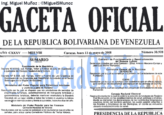 Gaceta Oficial 38928 del 12 Mayo 2008