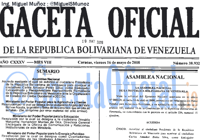 Gaceta Oficial 38932 del 16 Mayo 2008