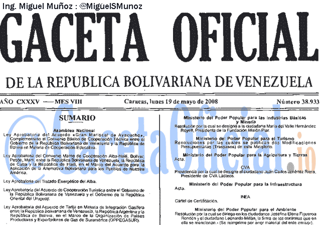 Gaceta Oficial 38933 del 19 Mayo 2008