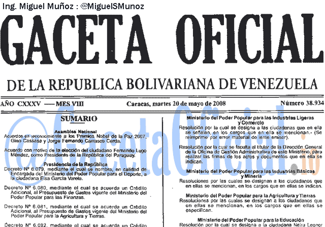 Gaceta Oficial 38934 del 20 Mayo 2008