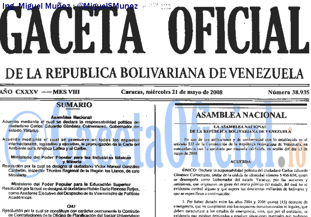 Gaceta Oficial 38935 del 21 Mayo 2008