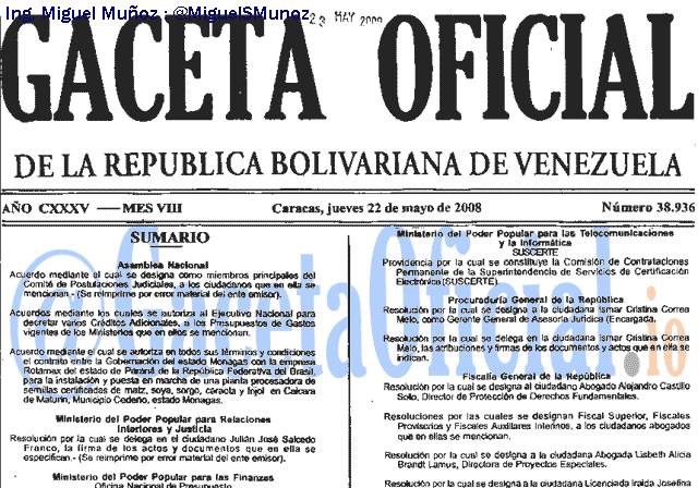 Gaceta Oficial 38936 del 22 Mayo 2008