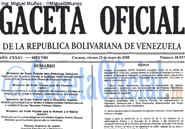 Gaceta Oficial 38937 del 23 Mayo 2008