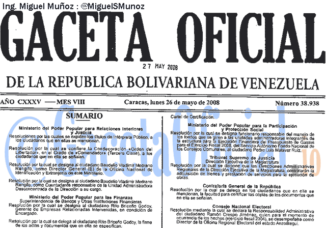 Gaceta Oficial 38938 del 26 Mayo 2008