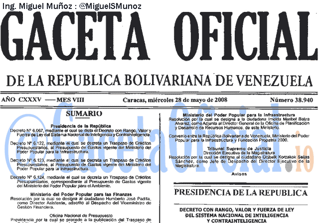 Gaceta Oficial 38940 del 28 Mayo 2008