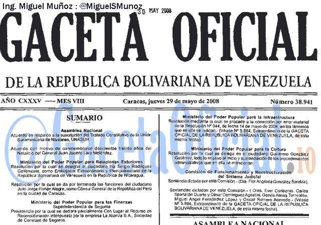 Gaceta Oficial 38941 del 29 Mayo 2008