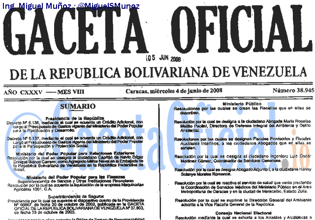 Gaceta Oficial 38945 del 4 Junio 2008