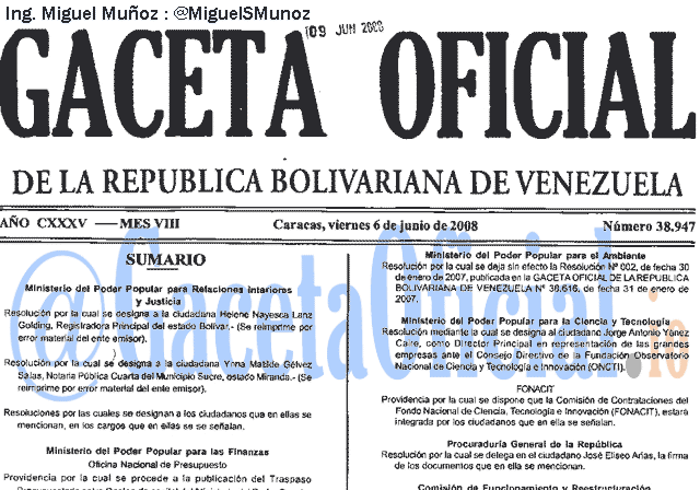 Gaceta Oficial 38947 del 6 Junio 2008