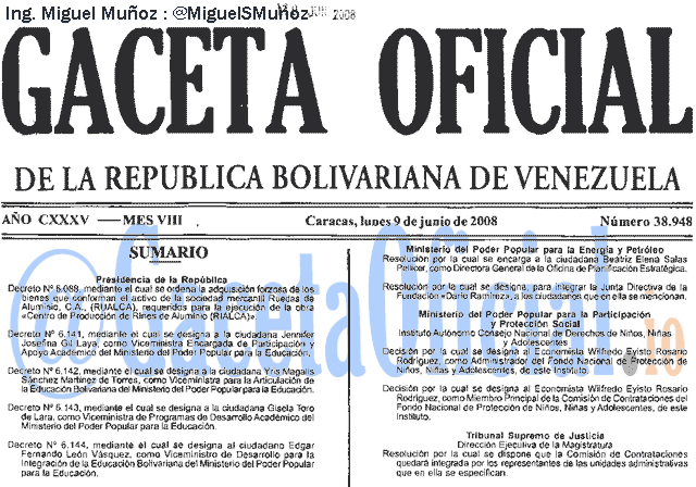 Gaceta Oficial 38948 del 9 Junio 2008
