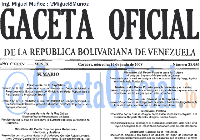 Gaceta Oficial 38950 del 11 Junio 2008