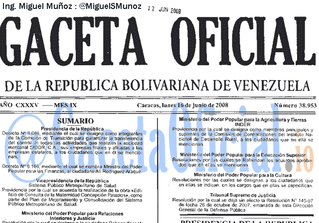 Gaceta Oficial 38953 del 16 Junio 2008