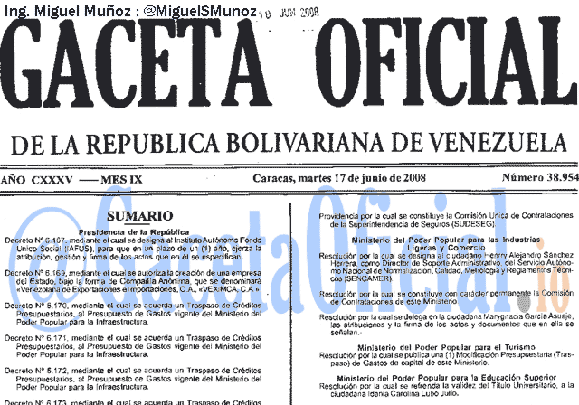 Gaceta Oficial 38954 del 17 Junio 2008