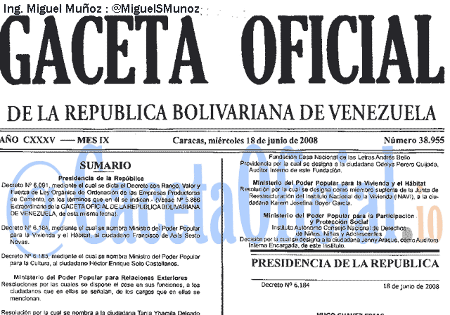 Gaceta Oficial 38955 del 18 Junio 2008