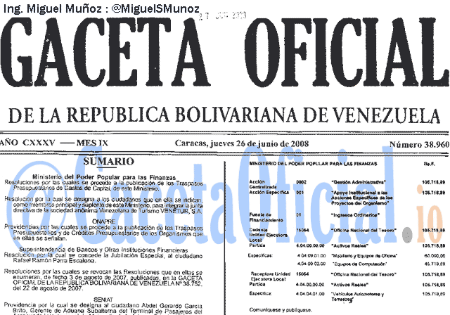 Gaceta Oficial 38960 del 26 Junio 2008