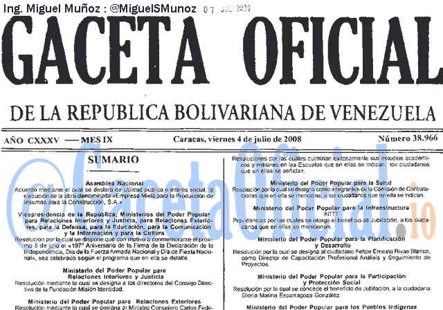 Gaceta Oficial 38966 del 4 Julio 2008