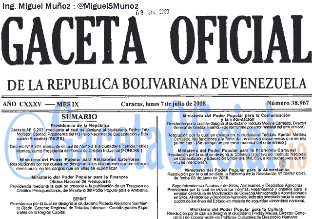 Gaceta Oficial 38967 del 7 Julio 2008