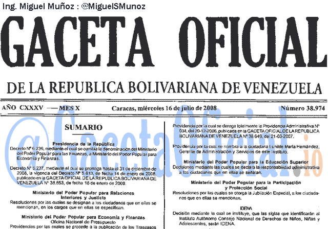 Gaceta Oficial 38974 del 16 Julio 2008