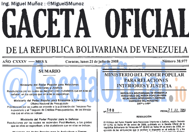 Gaceta Oficial 38977 del 21 Julio 2008
