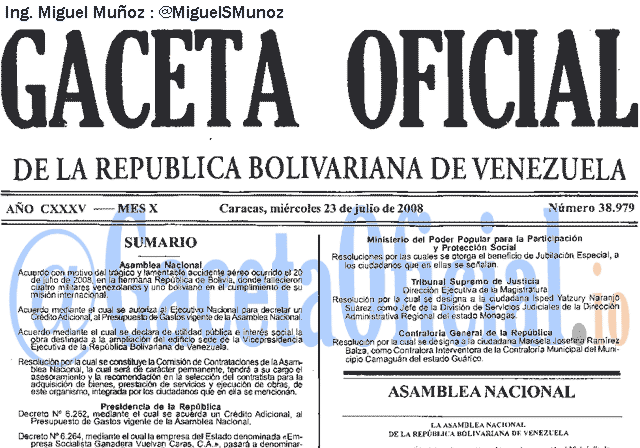 Gaceta Oficial 38979 del 23 Julio 2008