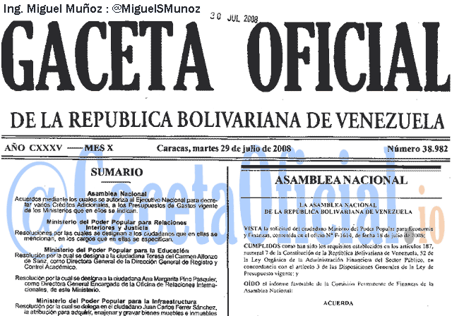 Gaceta Oficial 38982 del 29 Julio 2008