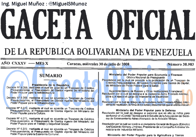 Gaceta Oficial 38983 del 30 Julio 2008
