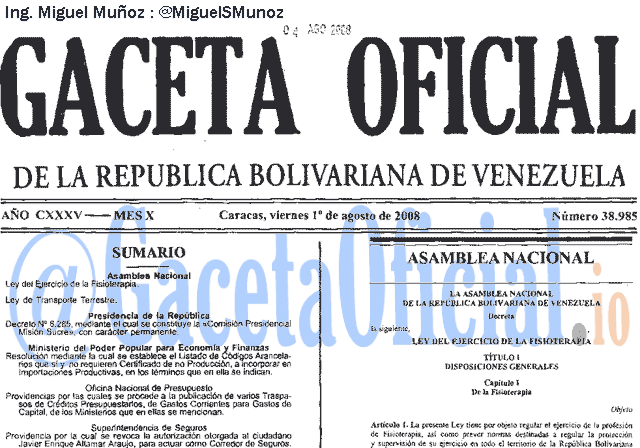 Gaceta Oficial 38985 del 1 Agosto 2008