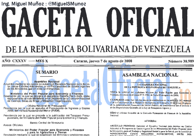 Gaceta Oficial 38989 del 7 Agosto 2008