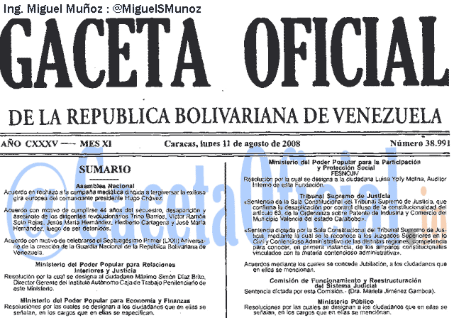 Gaceta Oficial 38991 del 11 Agosto 2008
