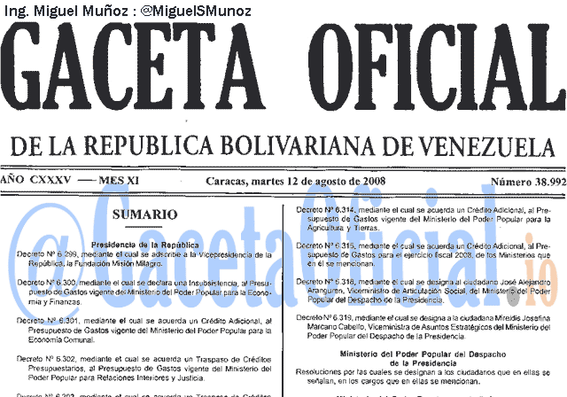 Gaceta Oficial 38992 del 12 Agosto 2008