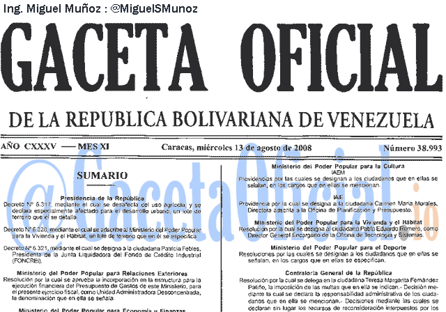 Gaceta Oficial 38993 del 13 Agosto 2008