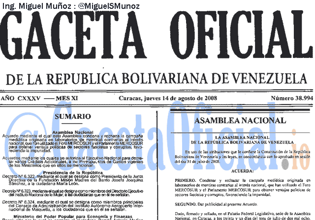 Gaceta Oficial 38994 del 14 Agosto 2008