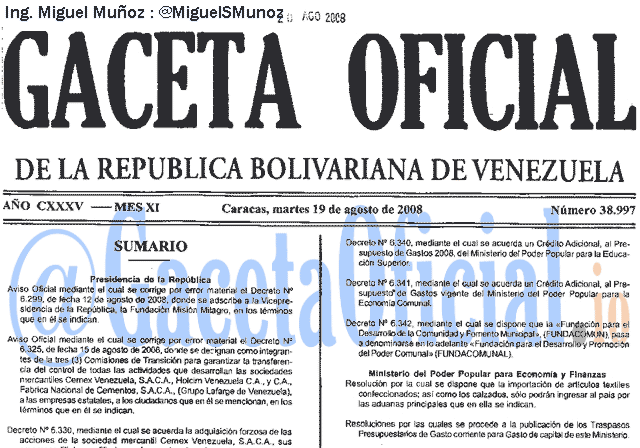 Gaceta Oficial 38997 del 19 Agosto 2008