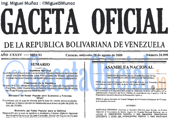 Gaceta Oficial 38998 del 20 Agosto 2008