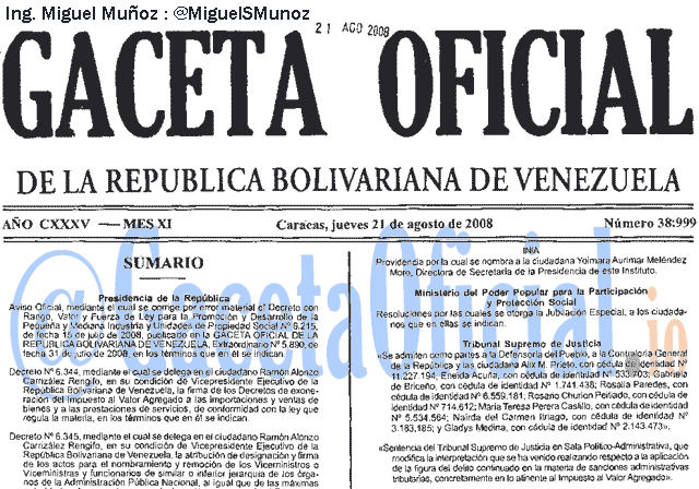 Gaceta Oficial 38999 del 21 Agosto 2008