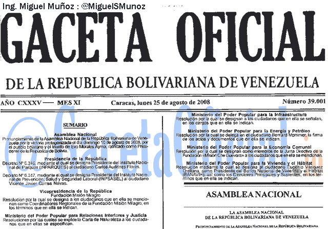 Gaceta Oficial 39001 del 25 Agosto 2008