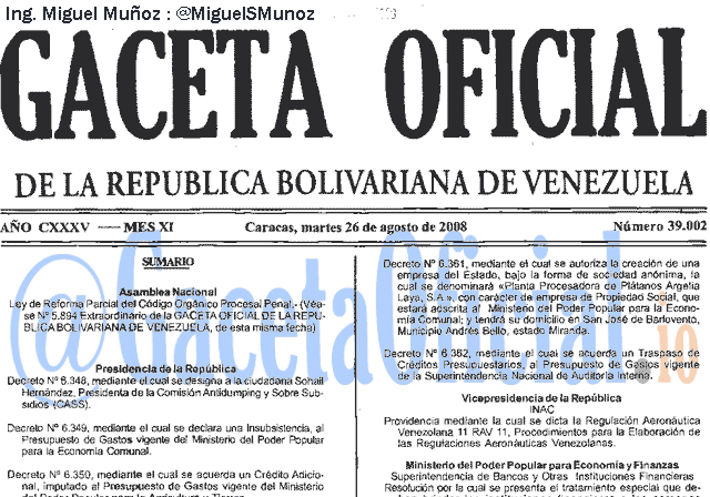 Gaceta Oficial 39002 del 26 Agosto 2008