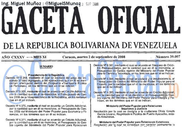 Gaceta Oficial 39007 del 2 Septiembre 2008