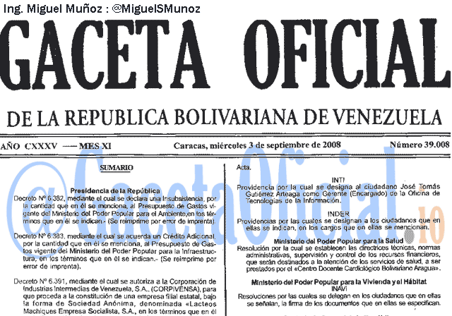 Gaceta Oficial 39008 del 3 Septiembre 2008