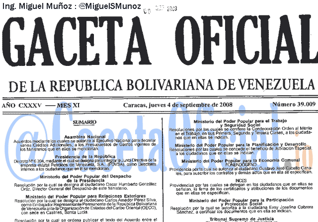 Gaceta Oficial 39009 del 4 Septiembre 2008