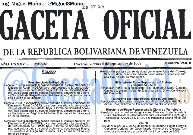 Gaceta Oficial 39010 del 5 Septiembre 2008