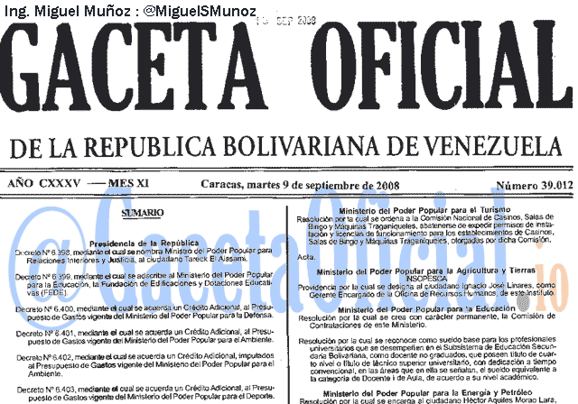 Gaceta Oficial 39012 del 9 Septiembre 2008