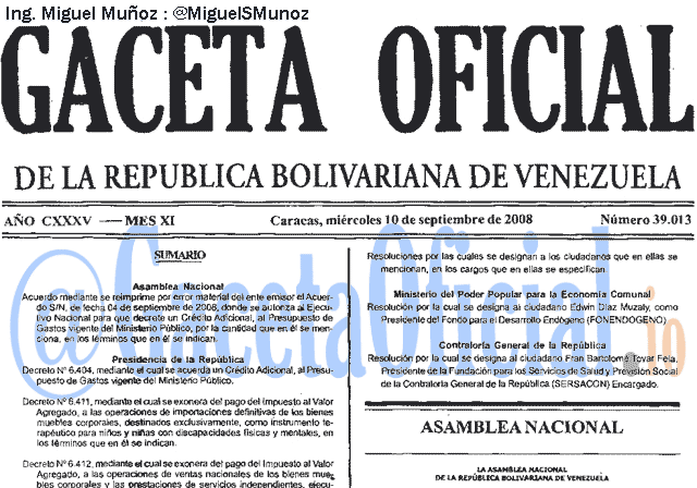 Gaceta Oficial 39013 del 10 Septiembre 2008