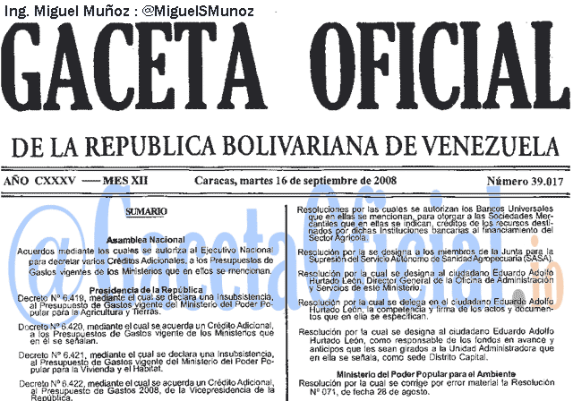 Gaceta Oficial 39017 del 16 Septiembre 2008