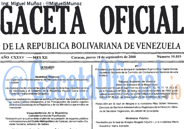 Gaceta Oficial 39019 del 18 Septiembre 2008