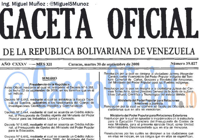 Gaceta Oficial 39027 del 30 Septiembre 2008