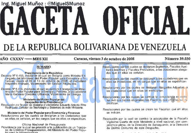 Gaceta Oficial 39030 del 3 Octubre 2008