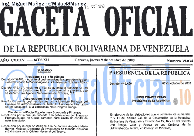 Gaceta Oficial 39034 del 9 Octubre 2008