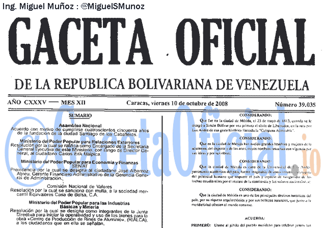 Gaceta Oficial 39035 del 10 Octubre 2008