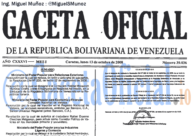 Gaceta Oficial 39036 del 13 Octubre 2008